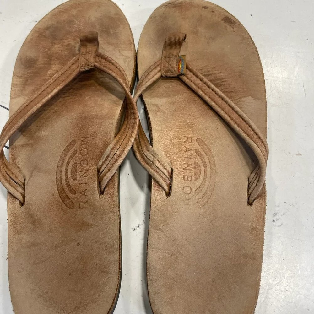Rainbow Brown Leather Slip On Flip Flop Thong Sandal Size 7
